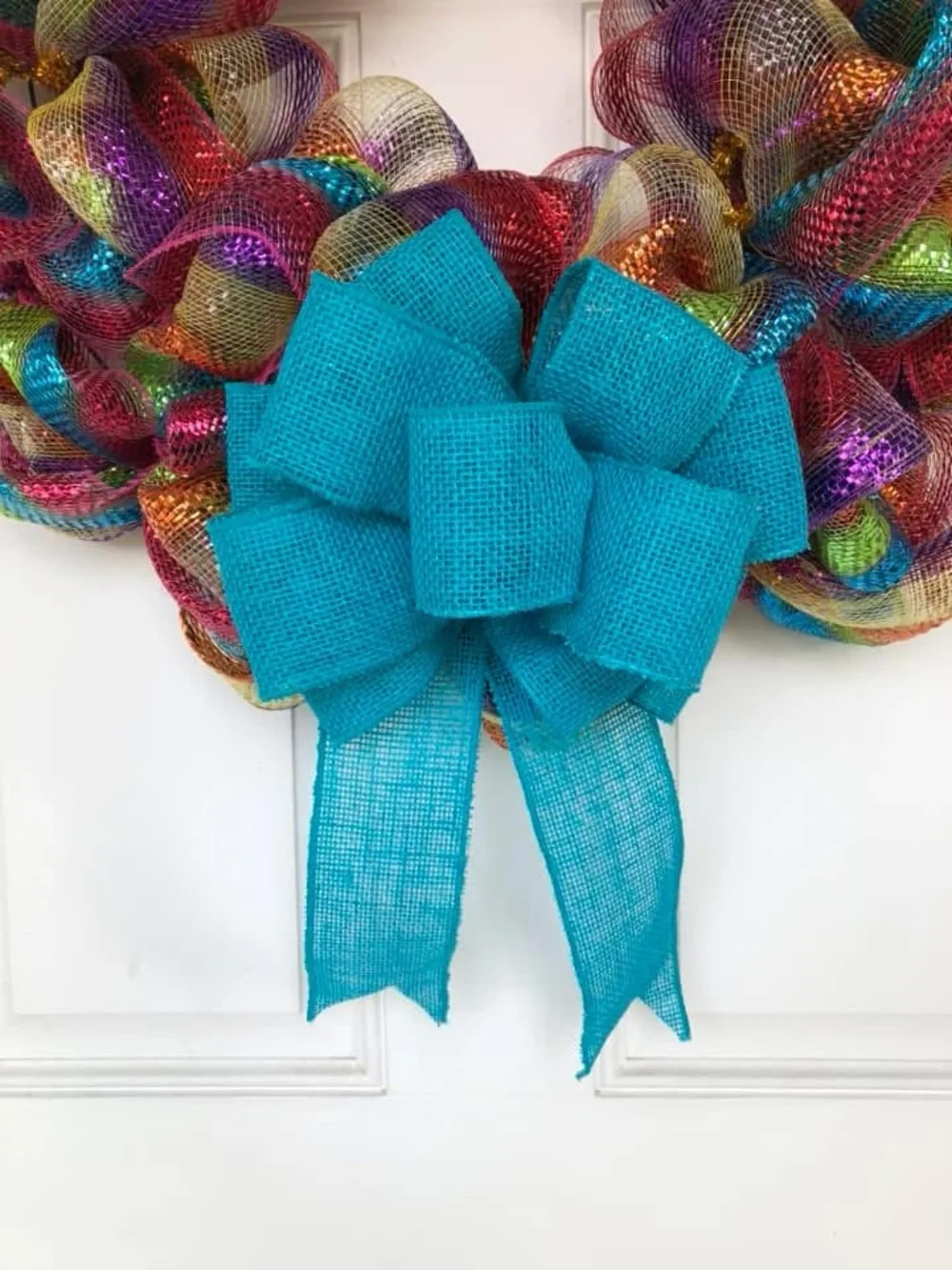 Handmade Rainbow Mesh Wreath with Teal Bow